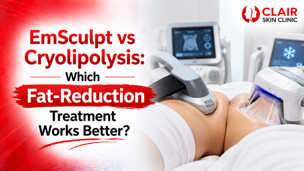 EmSculpt vs Cryolipolysis comparison showing non-invasive body contouring treatments for targeted fat reduction, muscle toning, treatment procedures, suitable candidates, and expected results.